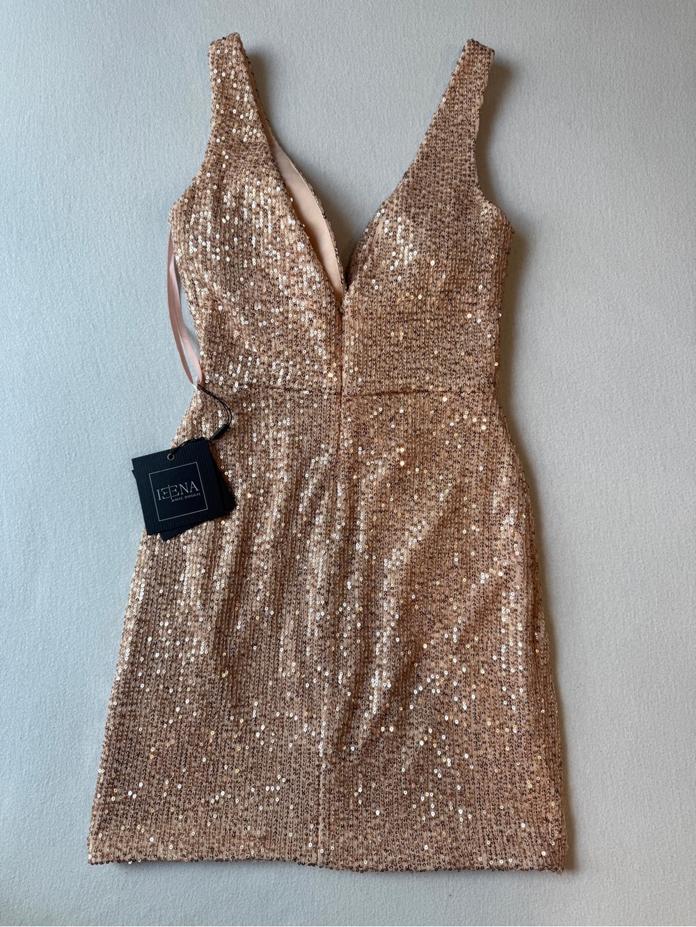 Mac Duggal Front Twist Plunging Sequined Mini Dress NWT Size 0 Rose Gold - Picture 8 of 8